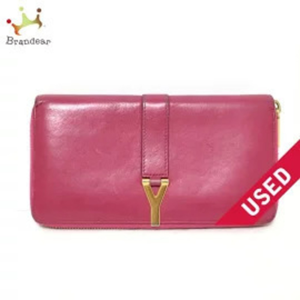 SAINT LAURENT PARIS Y Long Wallet Round Zipper Pink Leather